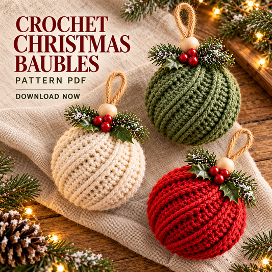 Christmas Bauble Crochet Pattern PDF, Ribbed Ornament with Wooden Bead & Bow