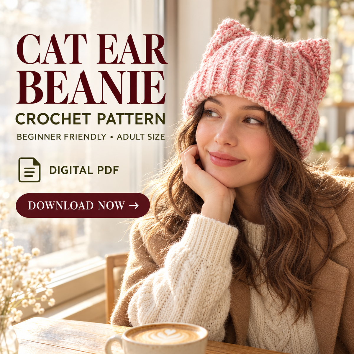 Cat Ear Crochet Hat Pattern PDF, Easy Plush Ribbed Beanie for Adults