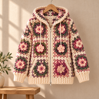 Crochet Flower Hoodie Pattern PDF, Granny Square Zip Up Jacket, Oversized Adult M/L