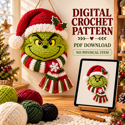 Christmas Grinch Door Hanger Crochet Pattern PDF – Holiday Wreath Decor