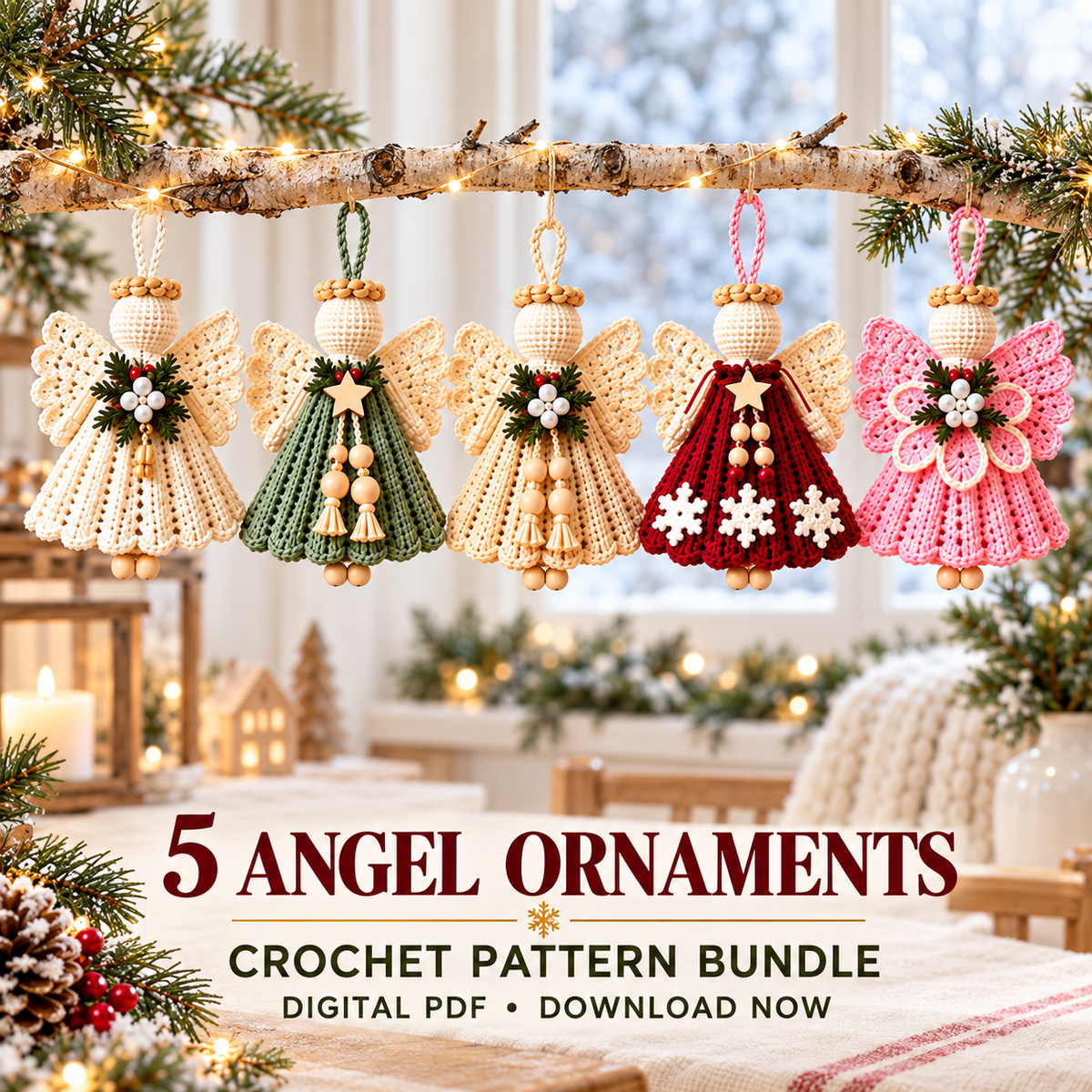 Christmas Angel Crochet Pattern Bundle PDF, 5 Amigurumi Tree Ornament Patterns