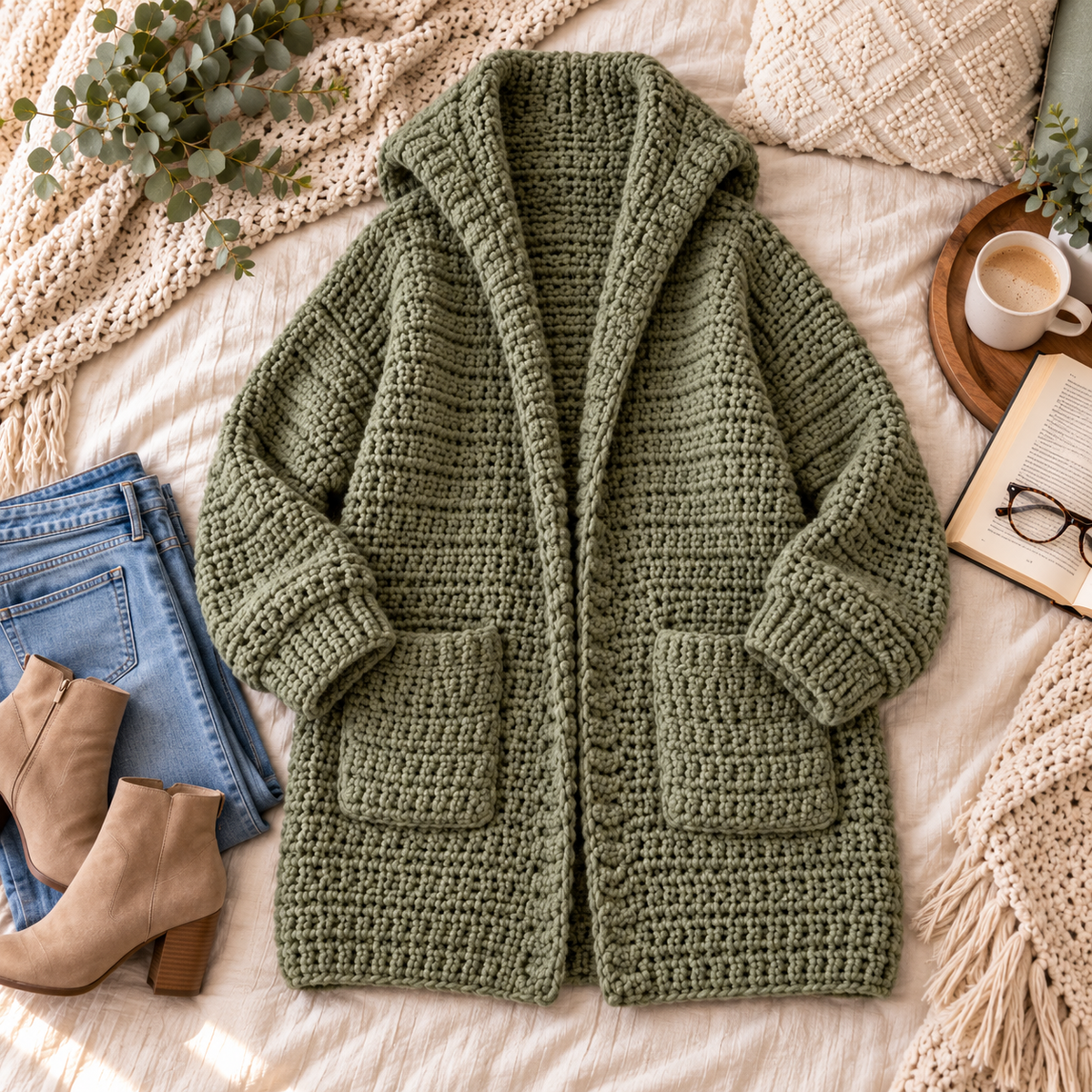 Oversized Hooded Crochet Cardigan Pattern | Chunky Pocket Sweater PDF