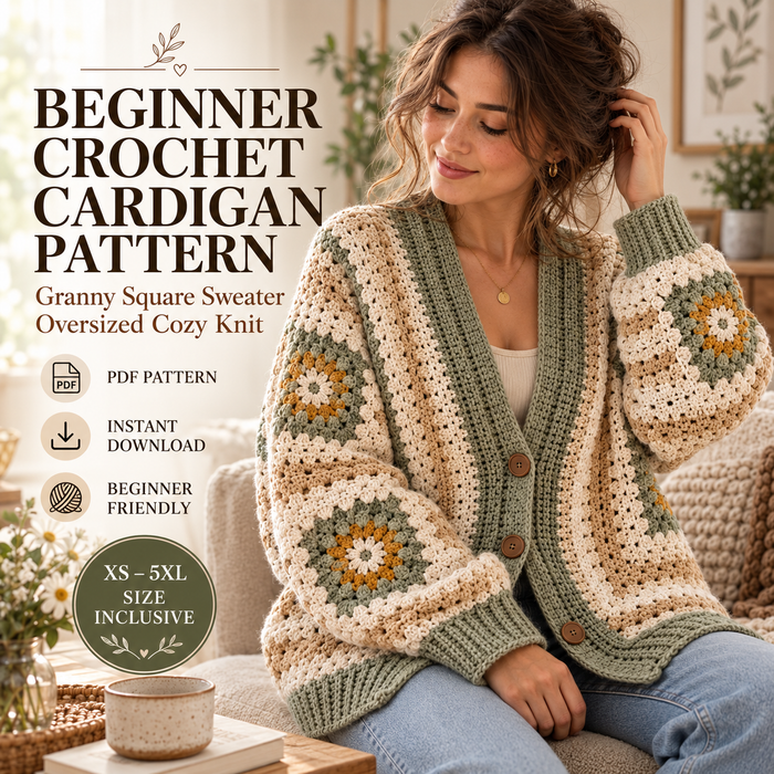 Beginner Granny Square Cardigan Crochet Pattern – Oversized Sweater PDF, XS–5XL