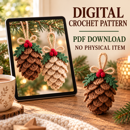 Christmas Pine Cone Crochet Pattern PDF, Rustic Tree Ornament & Holiday Decor