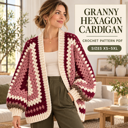 Granny Hexagon Crochet Cardigan Pattern – Oversized Colour Block Sweater PDF, XS–5XL