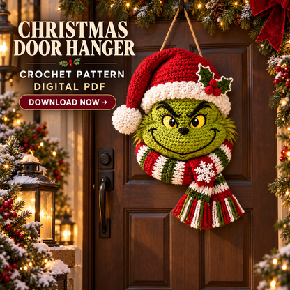 Christmas Grinch Door Hanger Crochet Pattern PDF – Holiday Wreath Decor