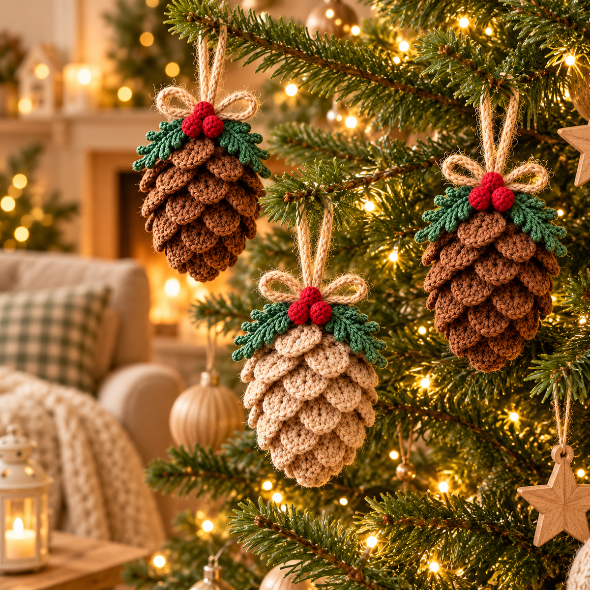 Christmas Pine Cone Crochet Pattern PDF, Rustic Tree Ornament & Holiday Decor