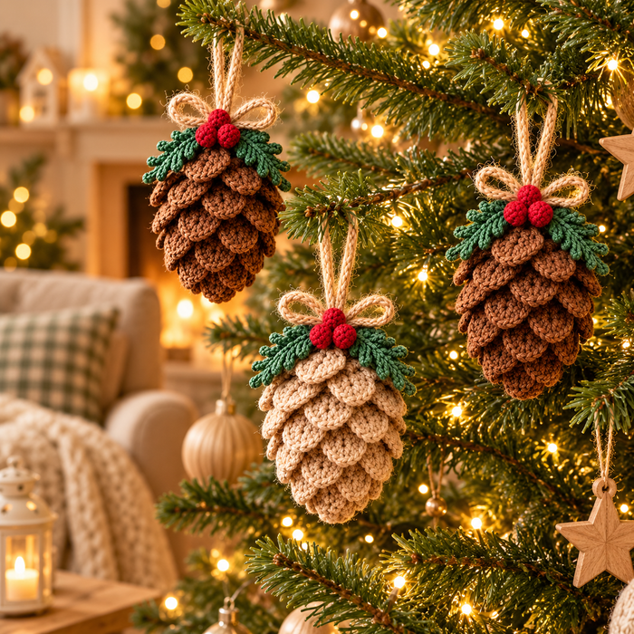 Christmas Pine Cone Crochet Pattern PDF, Rustic Tree Ornament & Holiday Decor