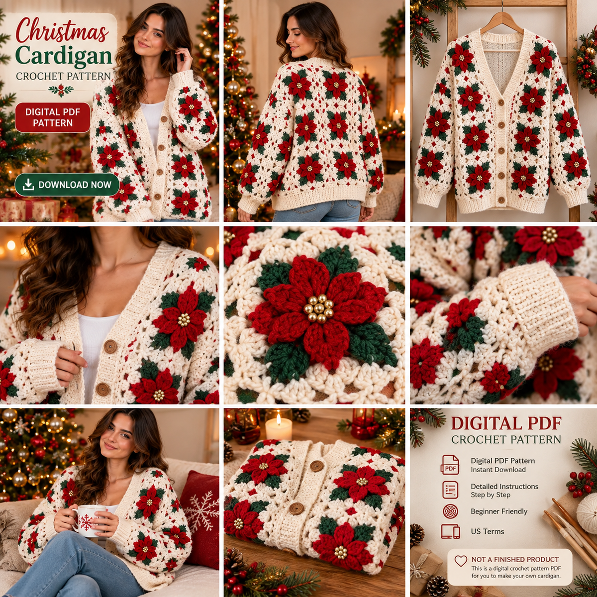 Christmas Granny Square Cardigan Crochet Pattern PDF | Festive Holiday Sweater