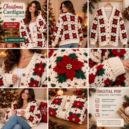 Christmas Granny Square Cardigan Crochet Pattern PDF | Festive Holiday Sweater