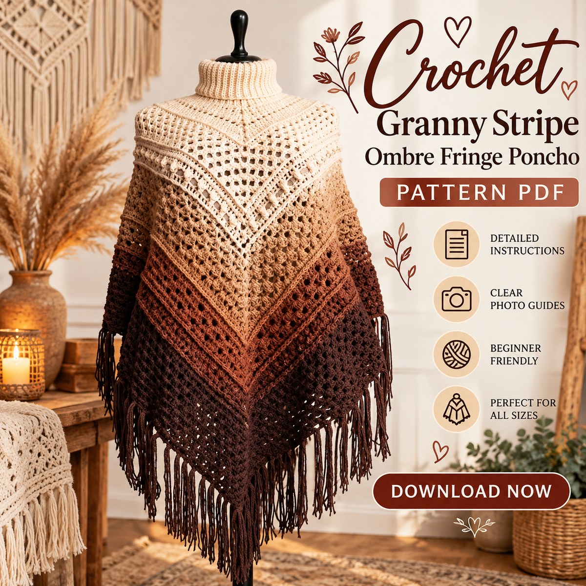 Ombre Fringe Poncho Crochet Pattern PDF | Boho Granny Stitch Wrap