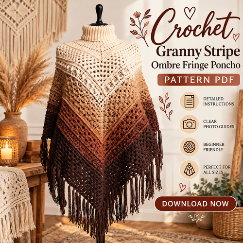 Ombre Fringe Poncho Crochet Pattern PDF | Boho Granny Stitch Wrap