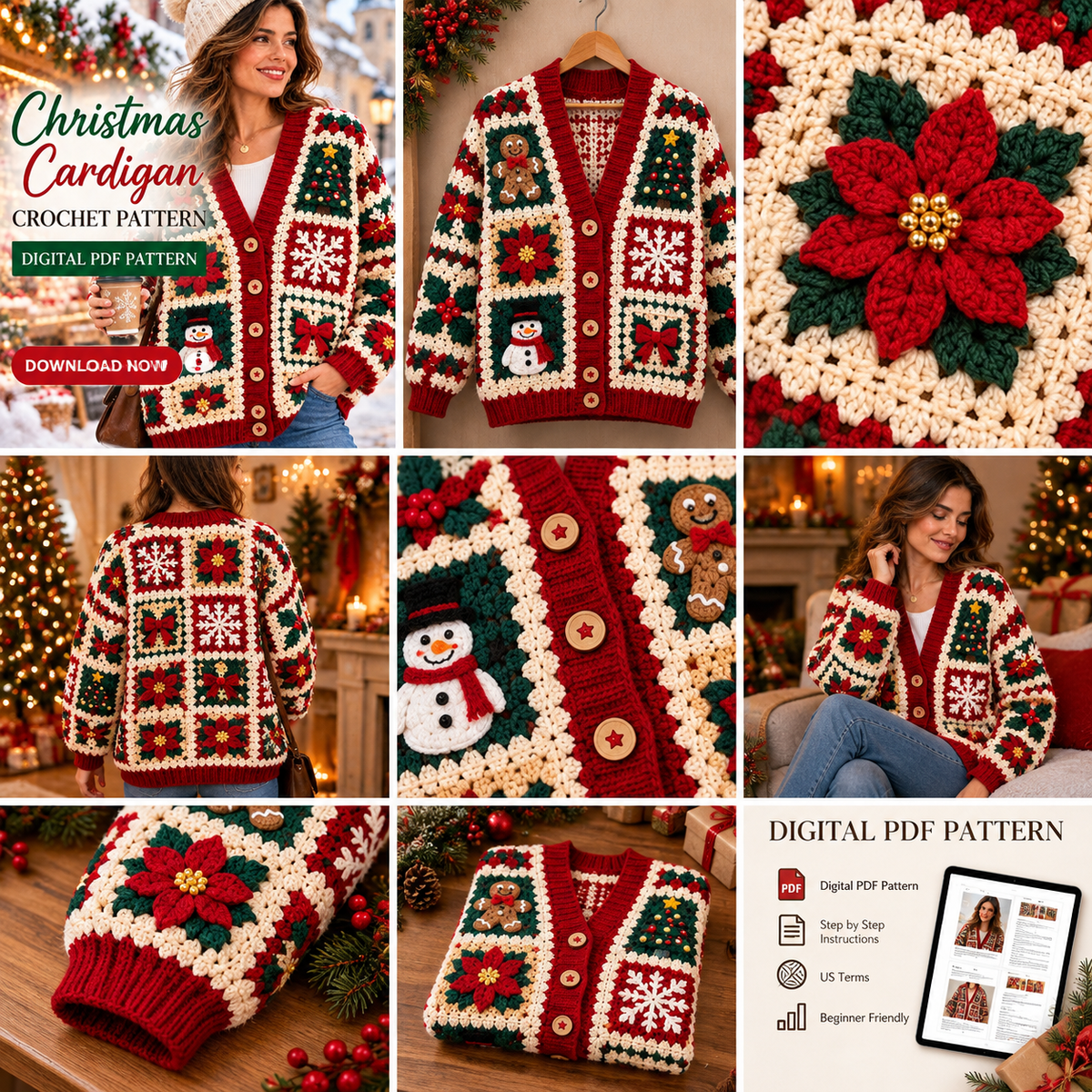 Christmas Granny Square Cardigan Crochet Pattern PDF | Holiday Patchwork Sweater