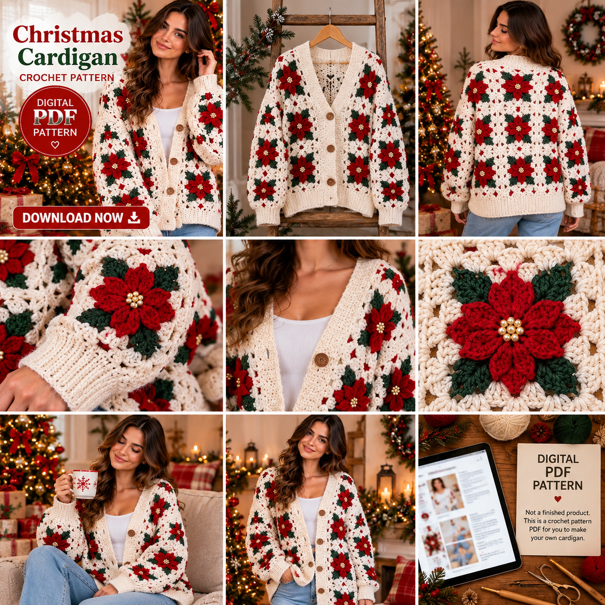 Christmas Granny Square Cardigan Crochet Pattern PDF | Festive Holiday Sweater