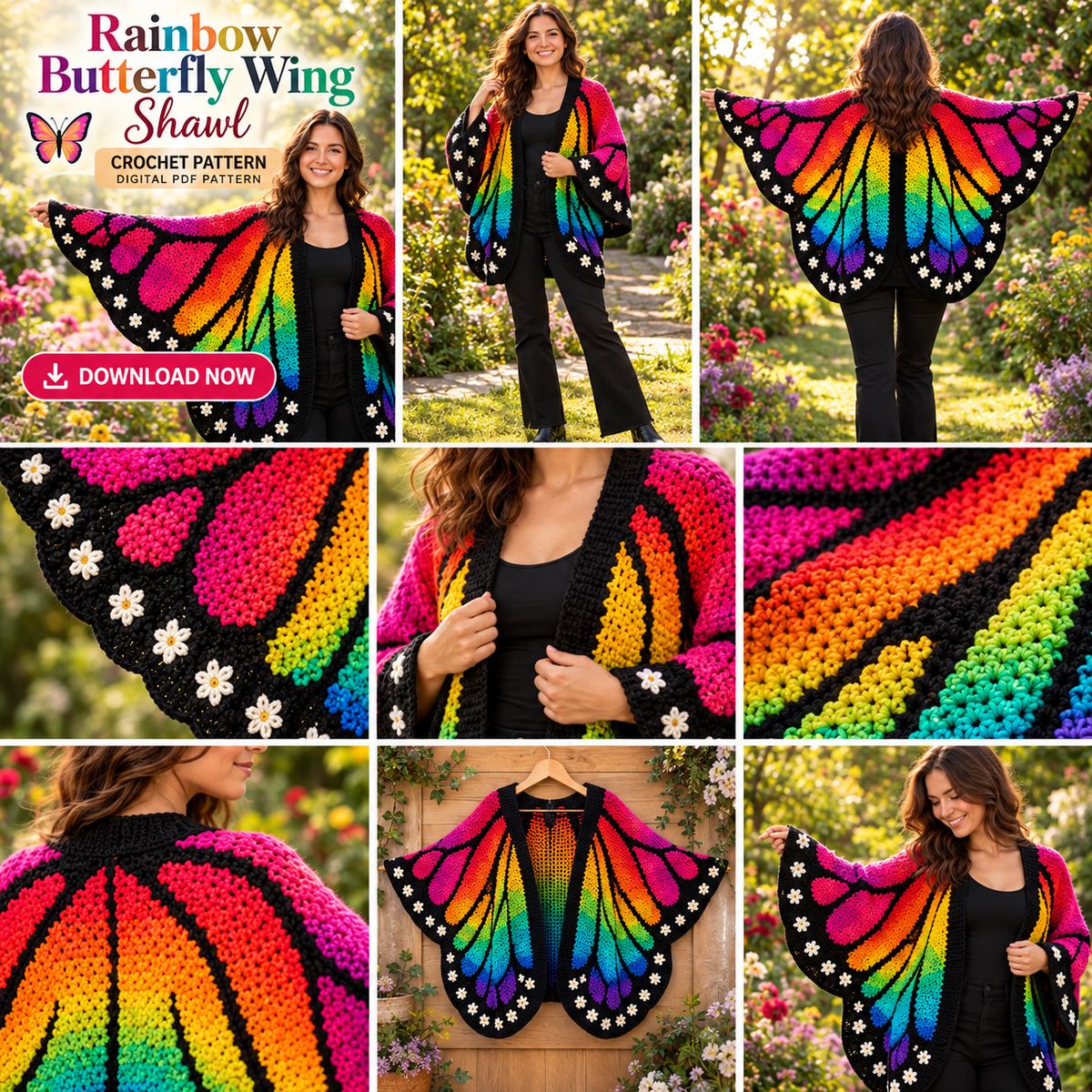 Rainbow Butterfly Wing Shawl Crochet Pattern PDF | Colorful Crochet Wrap