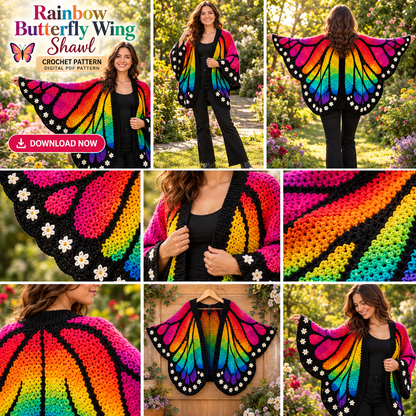 Rainbow Butterfly Wing Shawl Crochet Pattern PDF | Colorful Crochet Wrap