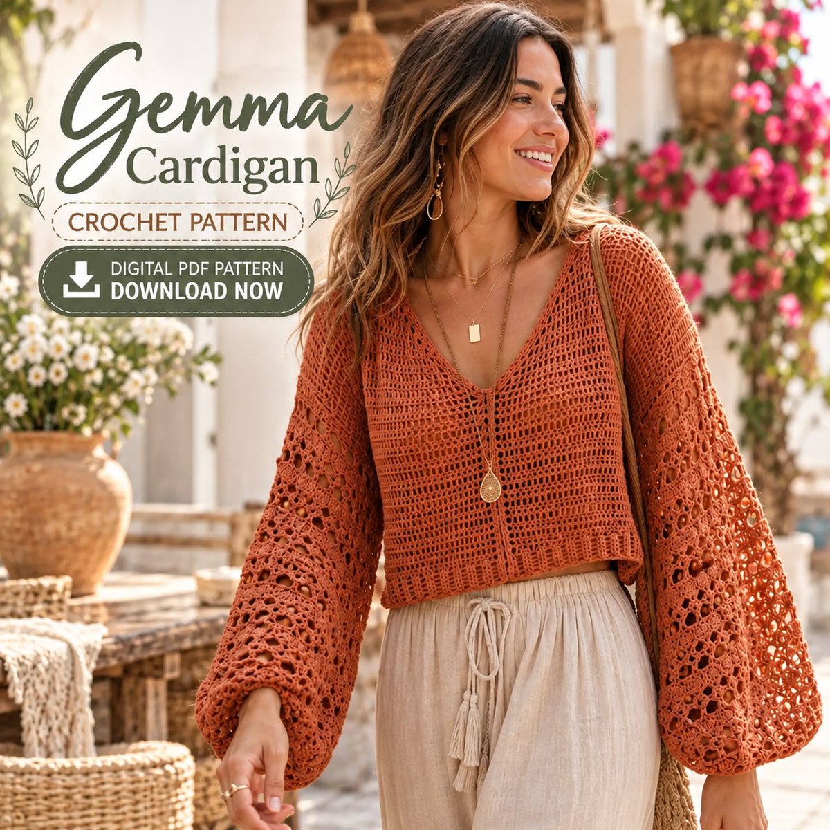 Boho Lace Crochet Sweater Pattern PDF | Women’s Summer Pullover XS–XL