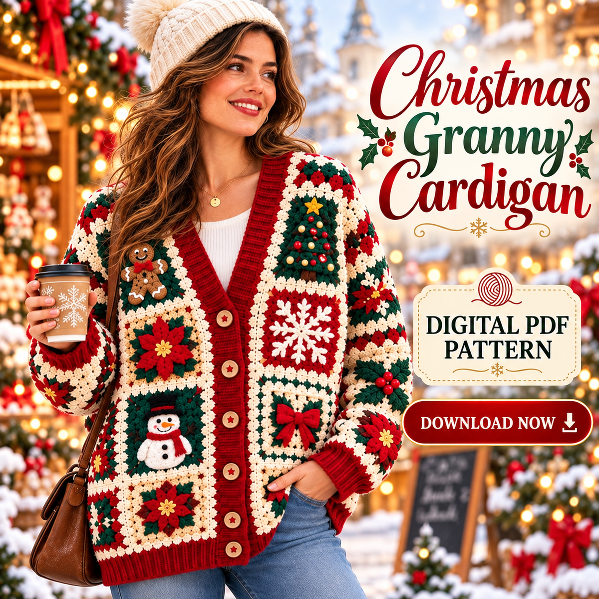Christmas Granny Square Cardigan Crochet Pattern PDF | Holiday Patchwork Sweater