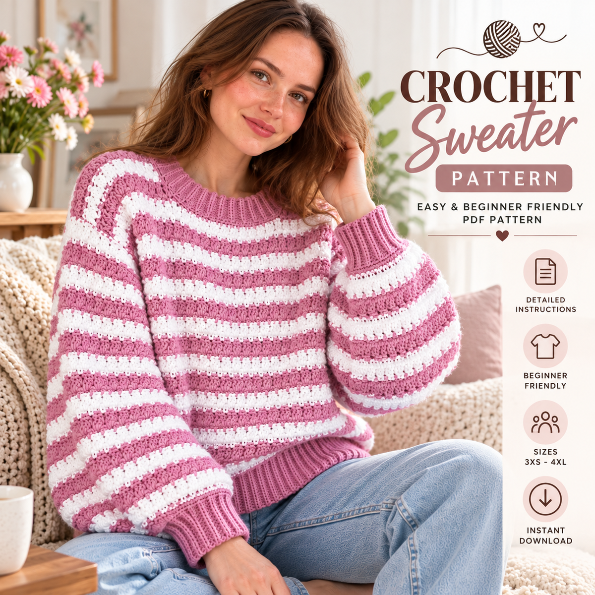 Striped Crochet Sweater Pattern PDF | Easy Pullover XS–XXL