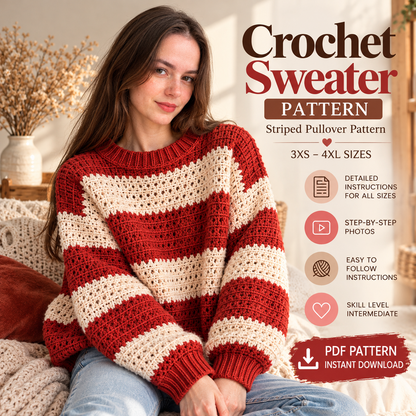 Striped Crochet Sweater Pattern PDF | Oversized Pullover 3XS–4XL