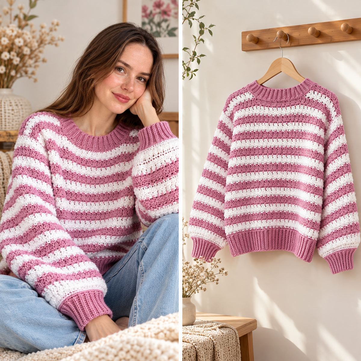 Striped Crochet Sweater Pattern PDF | Easy Pullover XS–XXL