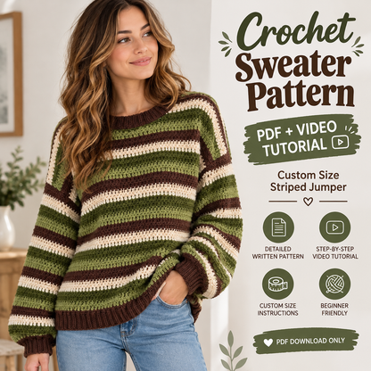 Striped Crochet Jumper Pattern PDF | Custom Size Sweater with Video Tutorial