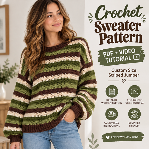 Striped Crochet Jumper Pattern PDF | Custom Size Sweater with Video Tutorial