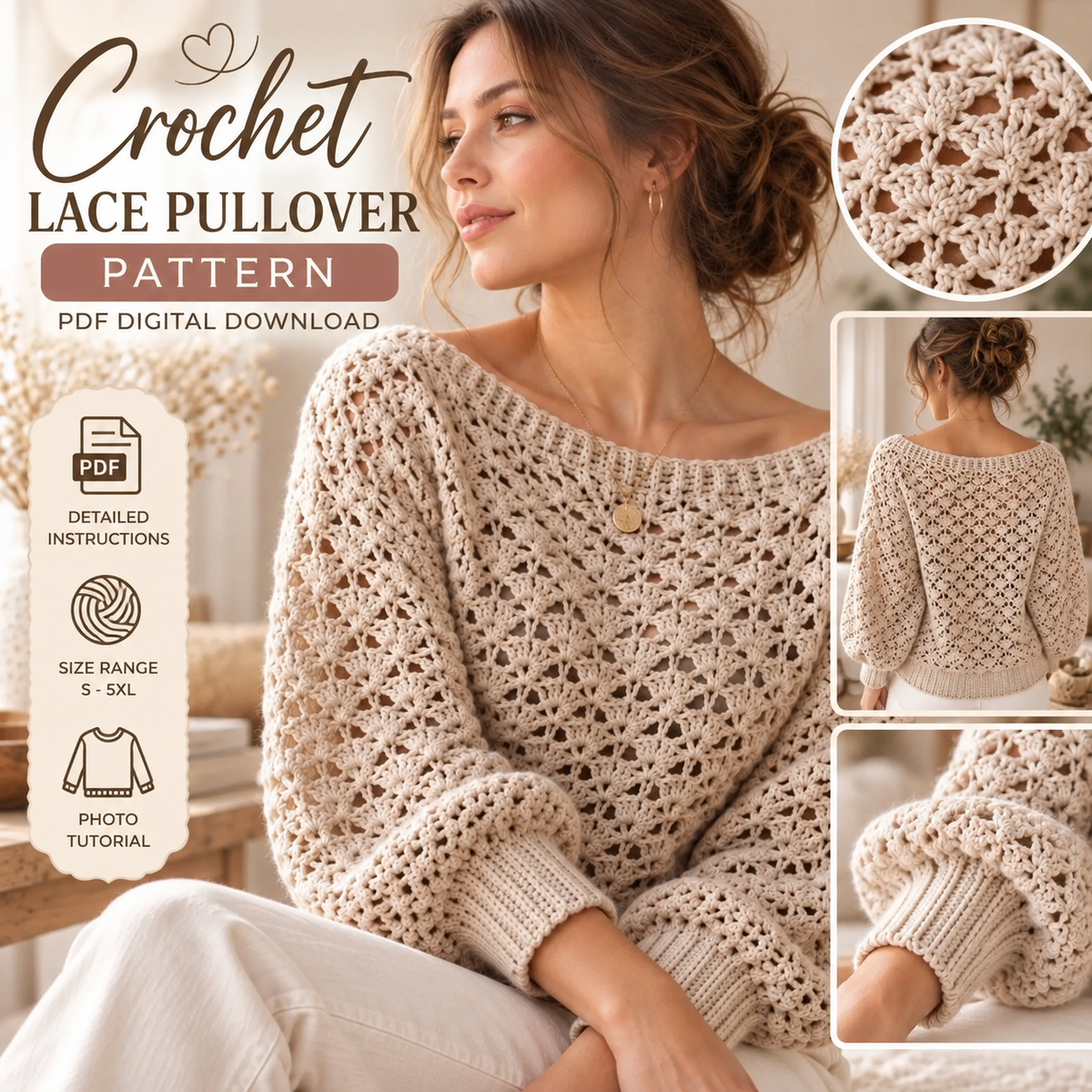 Openwork Crochet Pullover Pattern PDF | Lace Balloon Sleeve Sweater
