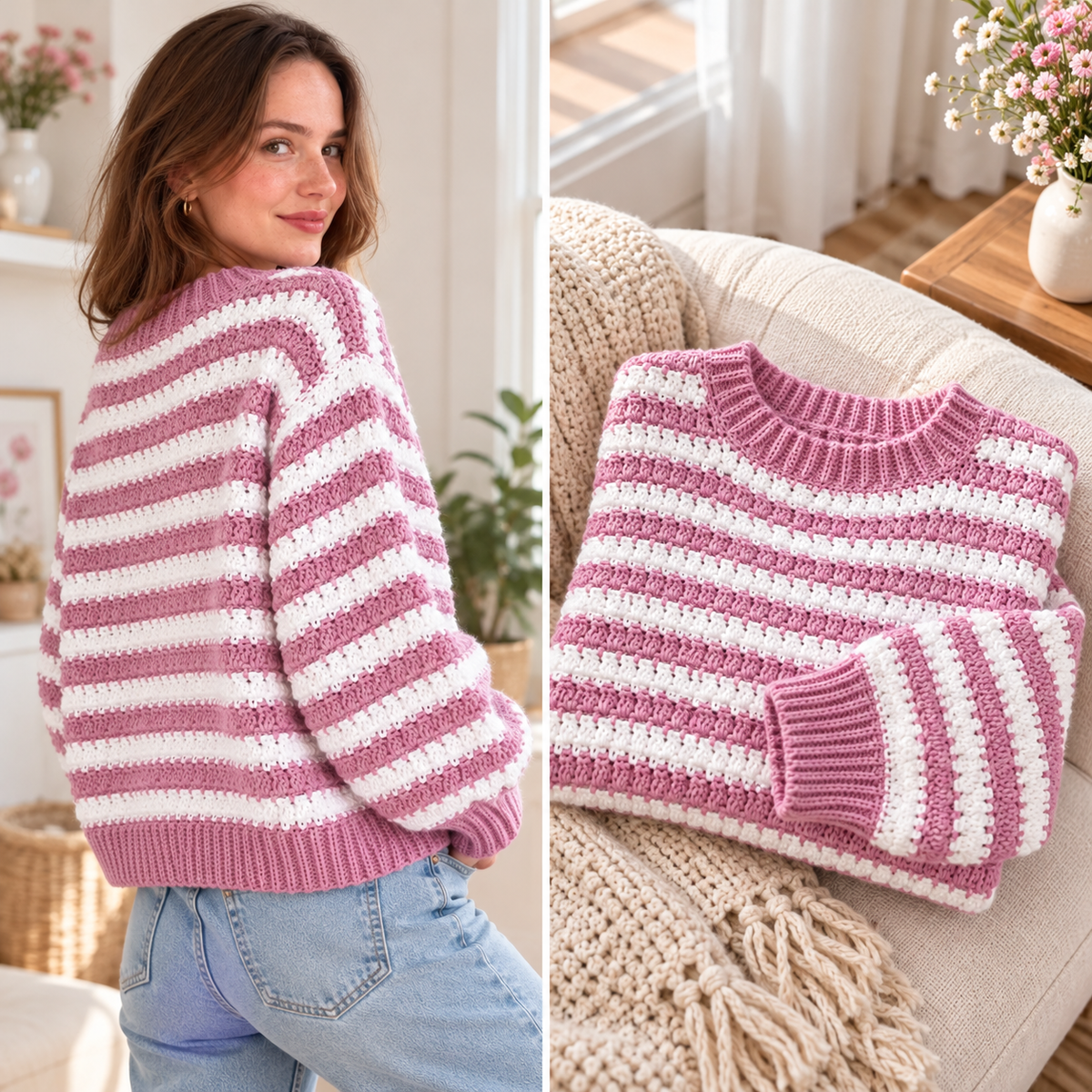 Striped Crochet Sweater Pattern PDF | Easy Pullover XS–XXL