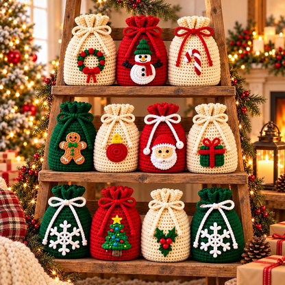 Christmas Drawstring Gift Bag Crochet Pattern PDF | Holiday Treat Pouches