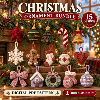 Christmas Crochet Ornament Pattern Bundle PDF | 15 Mini Tree Decorations
