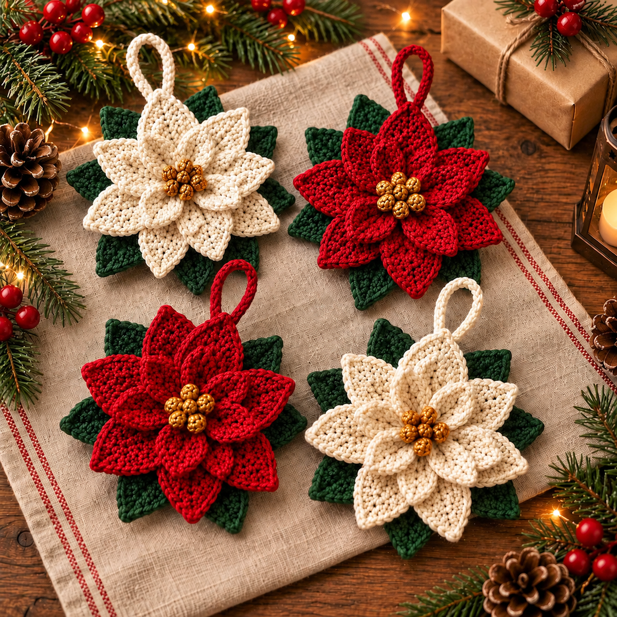 Crochet Poinsettia Christmas Ornament Pattern PDF | Layered Flower Decor