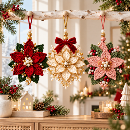 Beaded Poinsettia Crochet Pattern PDF | 3 Christmas Flower Ornaments