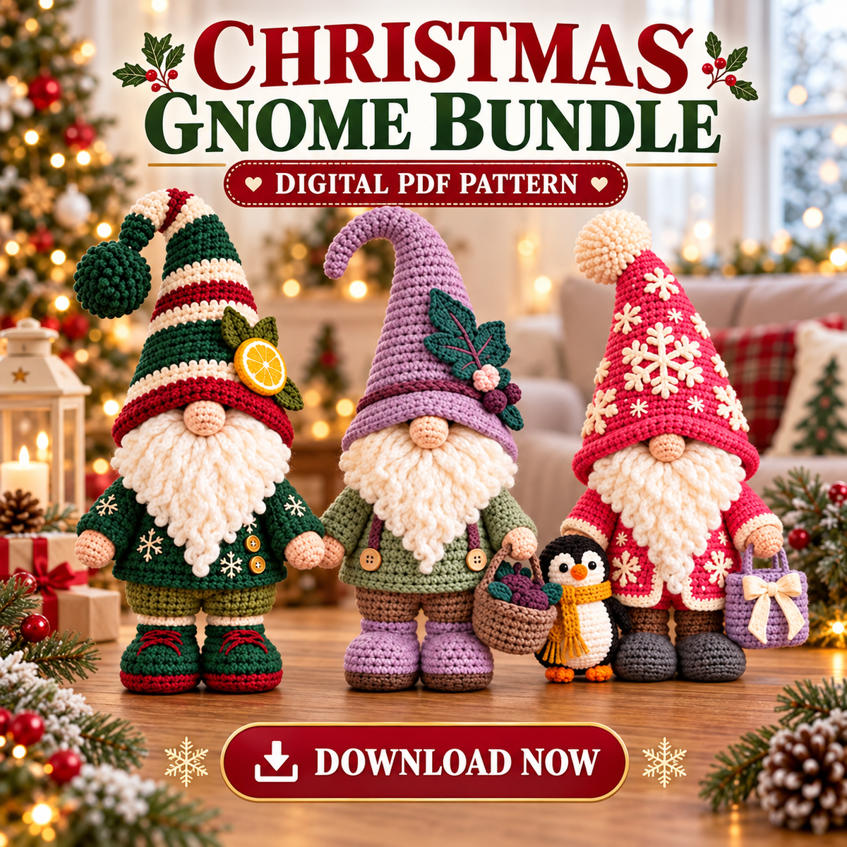 Seasonal Gnome Crochet Pattern Bundle PDF | 3 Holiday Amigurumi Dolls