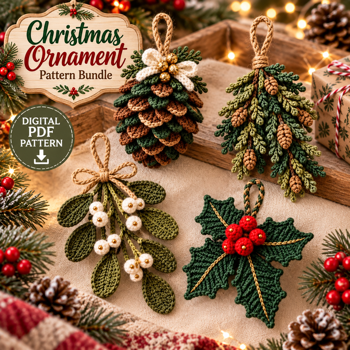 4-in-1 Rustic Christmas Ornament Crochet Pattern PDF | Pinecone, Spruce, Mistletoe & Holly
