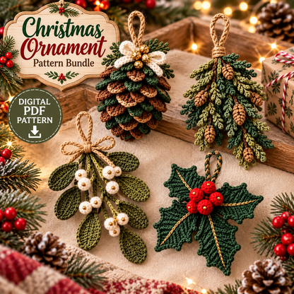 4-in-1 Rustic Christmas Ornament Crochet Pattern PDF | Pinecone, Spruce, Mistletoe & Holly