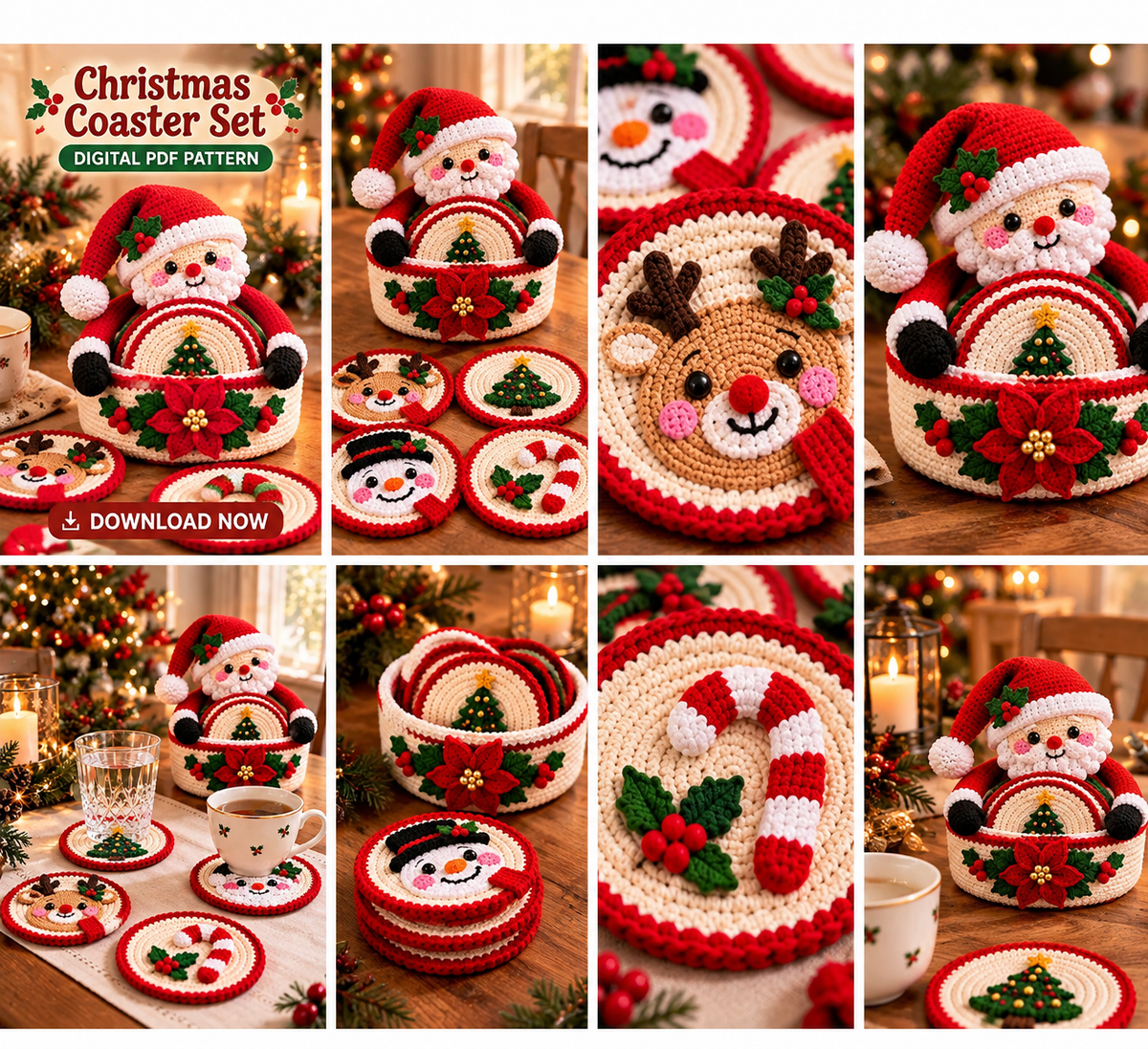 Christmas Crochet Coaster Set Pattern PDF | Basket + 5 Holiday Designs