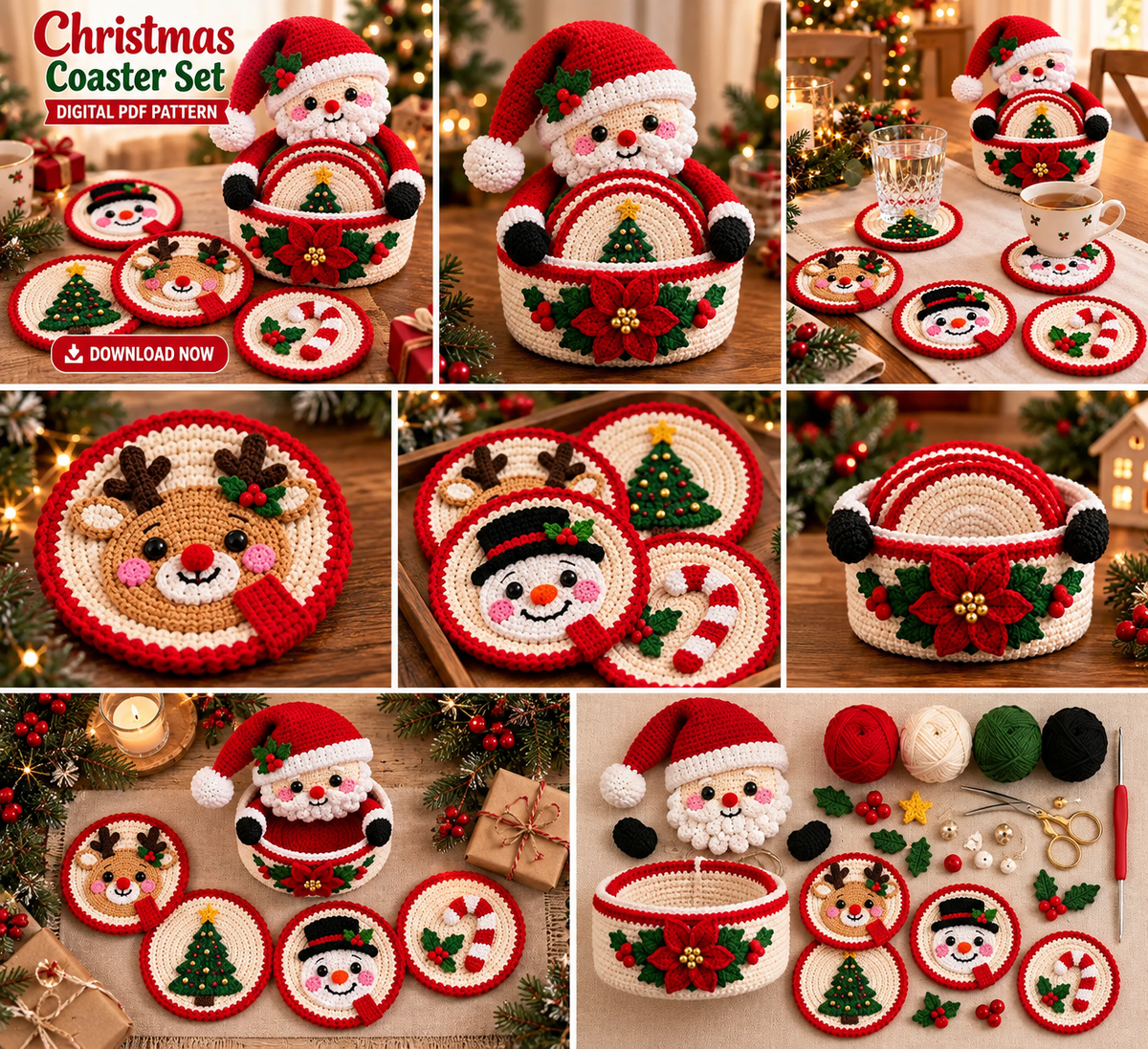 Christmas Crochet Coaster Set Pattern PDF | Basket + 5 Holiday Designs