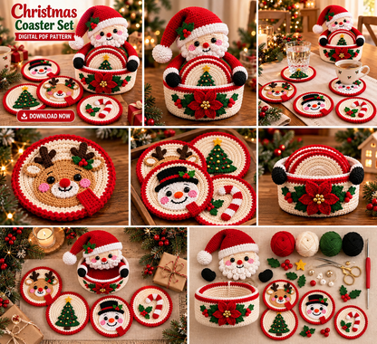Christmas Crochet Coaster Set Pattern PDF | Basket + 5 Holiday Designs
