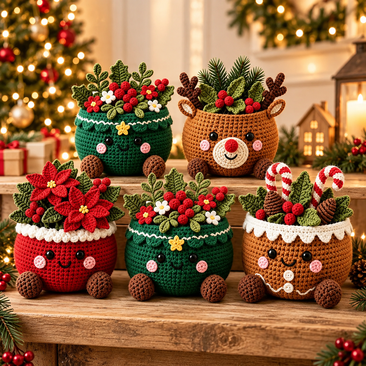 Christmas Character Pot Crochet Pattern PDF | 5 Festive Amigurumi Designs