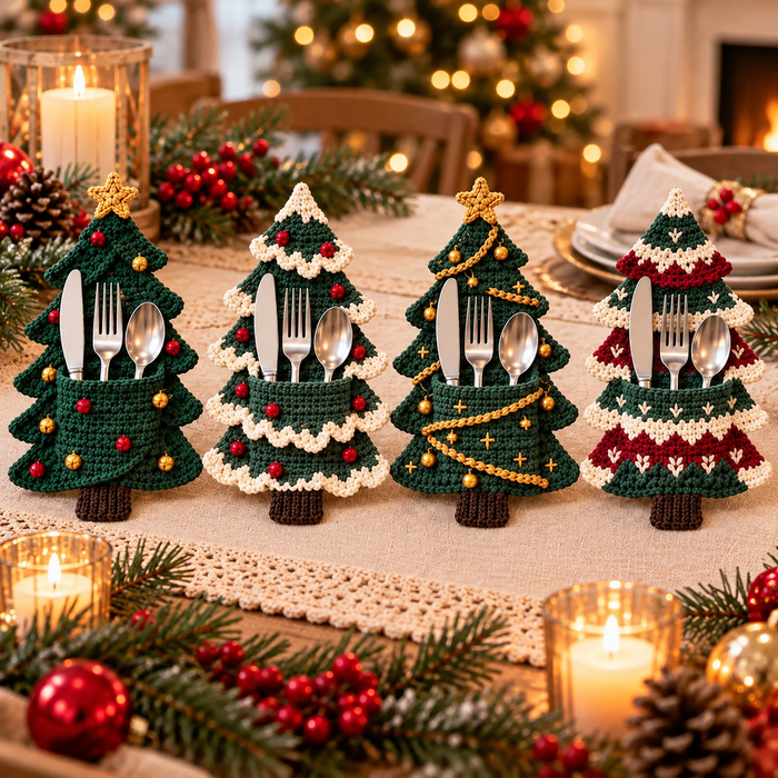 Christmas Tree Cutlery Holder Crochet Pattern PDF | 4 Holiday Designs