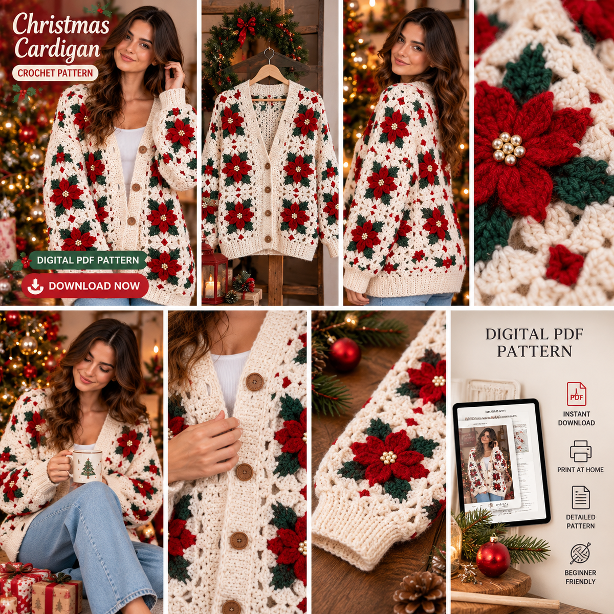 Christmas Granny Square Cardigan Crochet Pattern PDF | Festive Holiday Sweater