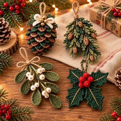 4-in-1 Rustic Christmas Ornament Crochet Pattern PDF | Pinecone, Spruce, Mistletoe & Holly