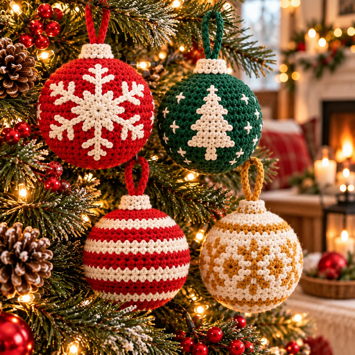 4-in-1 Christmas Bauble Crochet Pattern PDF | Holiday Tree Ornaments