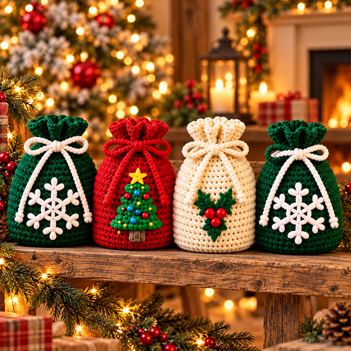 Christmas Drawstring Gift Bag Crochet Pattern PDF | Holiday Treat Pouches