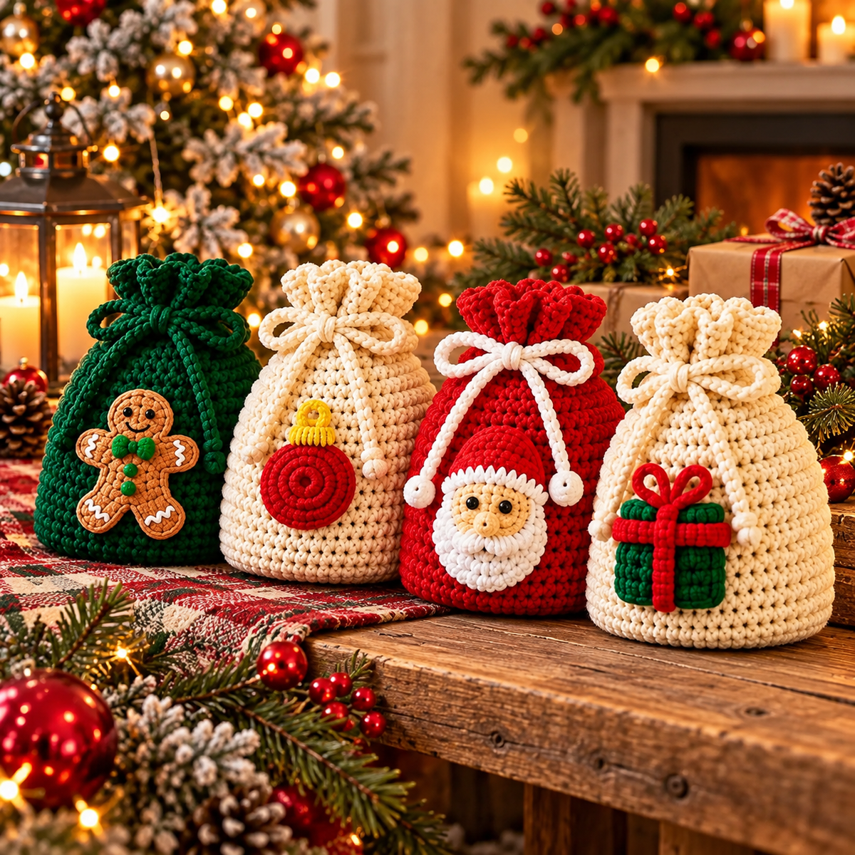 Christmas Drawstring Gift Bag Crochet Pattern PDF | Holiday Treat Pouches