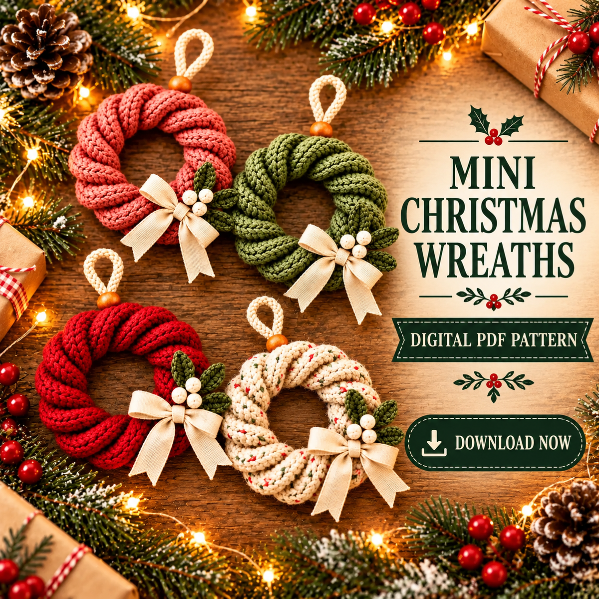 Twisted Christmas Wreath Crochet Pattern PDF | Mini Holiday Ornaments