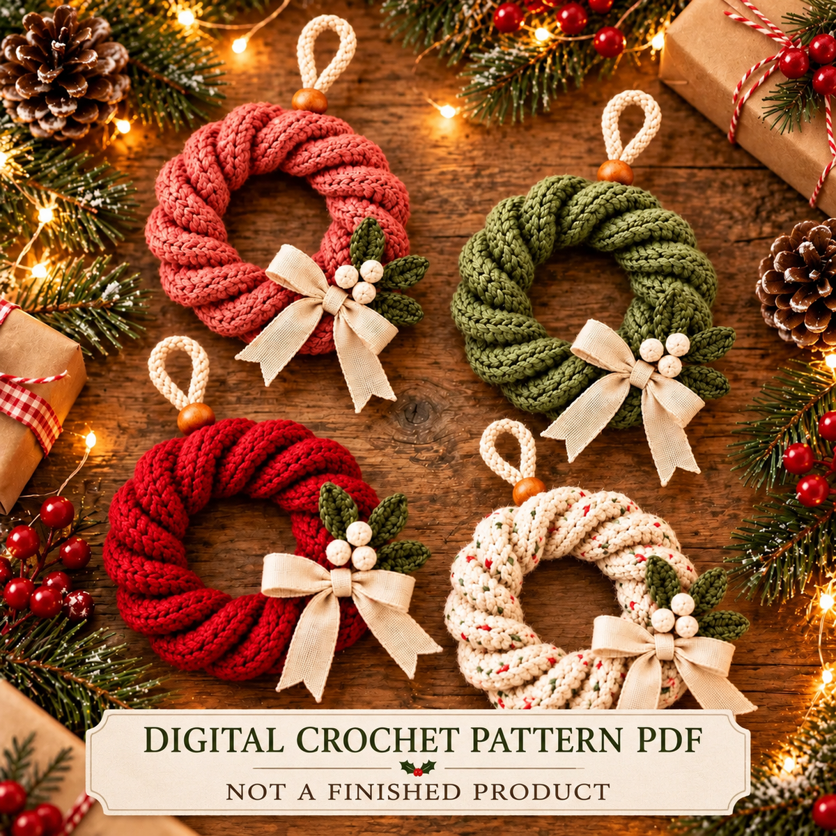 Twisted Christmas Wreath Crochet Pattern PDF | Mini Holiday Ornaments
