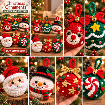 6 Christmas Bauble Crochet Patterns PDF | Santa, Reindeer & Snowman Ornaments