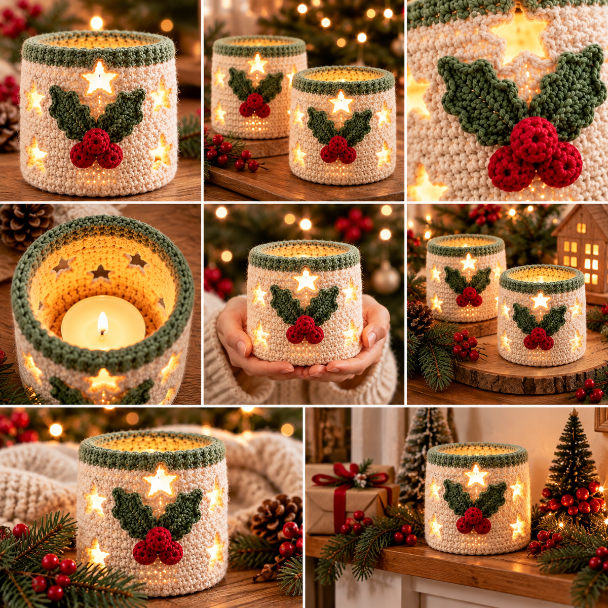 Christmas Candle Cozy Crochet Pattern PDF | Star Cut-Out Holly Votive Cover